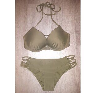 Hollister Swim Olive Green Bikini Set Pushup Top Size 34B Cheeky Bottoms Size XS